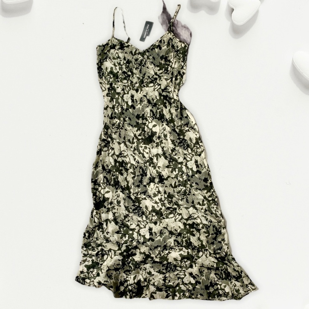 KENNETH COLE Camo Silky Midi Slip Dress NWT Spaghetti Strap Asymmetrical Hem XS